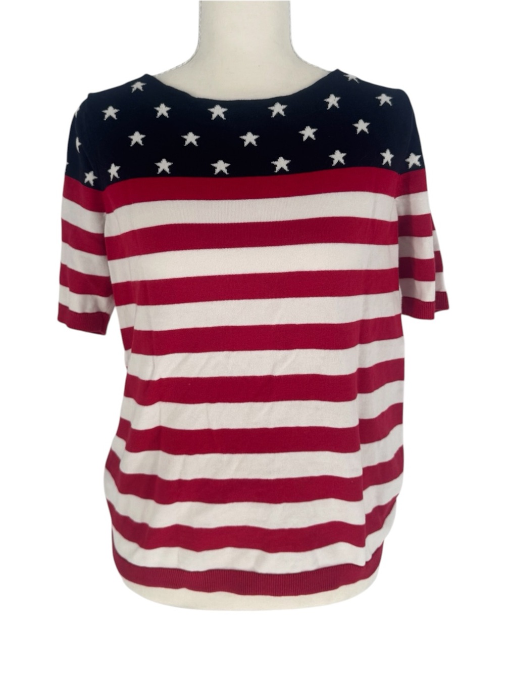 Talbots Pima Cotton American Flag Sweater MP Short Sleeve Stars Stripes Petite⁠